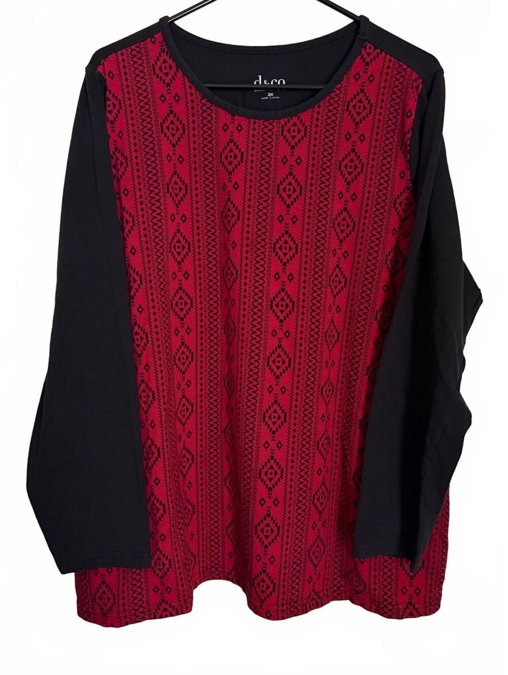 D & Co Denim & Company Women's Top Shirt Red Black Geometric Fall Winter Retro